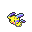 Pixelated yellow creature with purple-tipped ears and tail, brown spots on body, pink accents near feet, blue stripes on limbs against gray background.