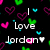 Pixelated icon with black background featuring white text 'I Love Jordan' surrounded by pink, green, and cyan heart shapes.