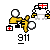 Pixel art animation of a yellow figure with white circular head and limbs, holding a red cross medical box under gray background.