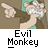 Pixelated cartoon character with green hair and brown jacket points right, mouth open showing teeth, next to text reading 'Instant Icons .com' and 'Evil Monkey'.