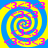 Four identical spiral patterns with alternating blue and yellow rings, each containing pink '3' symbols on a blue background.