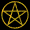Golden pentagram symbols in circular and oval frames transition through vertical compression into thin lines then expand back to full shapes on black background.