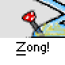 Animated contact sheet of a cartoon character interacting with a desk, showing sequential motion frames with repeated text "Zong!" below each frame.