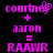 Pixelated pink text on black background shows 'courtney + aaron = RAWR' with one version having a heart symbol replacing the 'y' in 'courtney'.