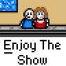 Animated contact sheet of a pixel art buddy icon showing sequential frames with changing background elements and consistent text overlay.