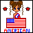 A 4-frame animated contact sheet showing a pixel-art doll with brown braided hair, blue eyes, and patriotic red/white/blue attire standing behind an American flag, with star symbols changing across frames.