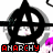 Two identical pixelated black and white icons with red text 'ANARCHY' at the bottom, each featuring a stylized face with white eyes and mouth, pink accents, and a black circular shape with a pointed top.