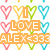 Pixelated icon with orange text 'I LOVE ALEX' surrounded by colored heart outlines in pink, yellow, green, and cyan on white background.