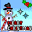 Pixel art snowman with top hat and candy cane holding 'MERRY CHRISTMAS' text against light blue background with stars and holly.