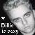 A 3x2 contact sheet of five grayscale animated frames showing a person's face with repeated text "Billie is sexy" and heart symbols, arranged left-to-right top-to-bottom on a black background with one gray placeholder frame.