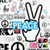 Pixelated white rabbit with long ears wearing a blue rectangular headband displaying 'PEACE' in blocky letters, set against a gray and pink abstract background.