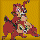 Pixelated red creature with multiple eyes and a jester hat on yellow background, two identical side-by-side poses.