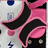 Animated pink and black abstract shapes with blue and white background elements, featuring small circular and swirled details.