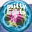 Pixelated circular icon with blue gradient background and central pink-purple floral pattern overlaid with white text reading "pretty lights".