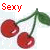 Two cherry clusters with green stems and leaves, each labeled 'Sexy' in different colors above them.