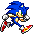 Pixel art of a blue anthropomorphic hedgehog in multiple running poses with red shoes, white gloves, and green eyes against gray background.