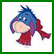 Pixelated cartoon icon of a blue donkey with red scarf against white background, framed by green border.