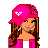 Pixel art of a female character in pink attire with long brown hair, wearing a cap and knee-high boots.
