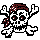 Pixel art skull with red bandana and crossed bones, four variations showing different bone positions against gray background.