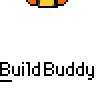 Animated contact sheet showing 15 sequential frames of a yellow stick figure character with orange curved arms performing various actions against a gray background, repeated across four rows with "Build Buddy" text labels between each row.