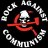 Pixelated circular icon with white text forming a ring around a central skull and crossed red objects on black background.