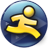 A circular icon with a blue gradient background features a yellow stick figure in a running pose holding a yellow sphere.
