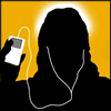 Silhouette of a person holding an iPod with earphones against a yellow background, next to text asking "What would Jesus play?"