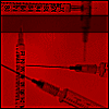 Red background with repeated syringe images and text changing from 'so where are you' to 'my little needle?' across frames.