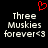 Red pixelated heart symbol above white pixelated text reading 'Three Muskies forever<3' on black background.