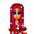 Pixelated character with long red hair and blue eyes, wearing a white top with pink accents on a light background.