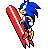 Blue anthropomorphic hedgehog character in various surfing poses on red and white striped board against gray background.
