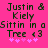 Pixelated text on bright pink background reads "Justin & Kiely Sittin in a Tree <3" with two of five light purple stars below