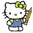 Hello Kitty character holding a pencil with green bow and blue overalls, pink text 'Hello Kitty= Hello Boys', animated sequence showing letter-by-letter appearance of 'Boys' followed by exclamation mark.