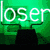 Green neon sign reading 'loser' with black silhouette, white 'love' text with heart symbols, and brown and white flame-like shape.
