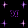 Purple starburst and butterfly shapes on black background, with starbursts in four corners and two butterflies in middle
