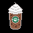 Pixel art of six Starbucks-themed drink icons arranged in two on black background, each with green circular logo and 'Starbucks' text below