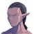 Pixelated static image of a character with pointed ears, dark hair tied back, and light skin tone in profile view against white background.