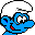 Pixelated blue character with white hat, black outline, red mouth detail, and large white eye on gray background.