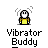 Pixelated character with white face and yellow torso, emitting vibration lines from head, labeled "Vibrator Buddy" below each instance.
