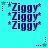 Cyan background with repeating purple 'Ziggy' text and star symbols, animated stars changing color between teal and black.