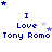 Blue text "I Love Tony Romo" on white background with blue and light blue stars in various positions across three