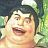 Pixelated static image of a character with dark hair, light skin, and an open mouth showing teeth against green foliage background.