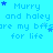 A static image with a bright cyan background displays repeated text in blue pixelated font, each line containing "Murry and haley are my bffs for life" surrounded by small star symbols.