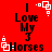 Red background with black text reading "I Love My 3 Horses" and white pixelated square patterns in four corners.
