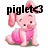 Pixelated pink rabbit-like creature with large ears, sitting upright, wearing a pink dress, with black text 'piglet' above its head.