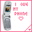 Pixelated image of a silver flip phone with pink text reading "I LOVE MY PHONE" and a pixel heart, bordered by pink lines.