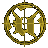 Golden ornate circular and oval icons with stylized lettering, arranged in a pattern on gray background