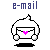 Pixelated character with white hair holds a black envelope with a pink heart, standing on a black shadow, with text above reading 'e-mail' in blue.