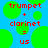 Pixelated red text on blue background with green circles, showing 'trumpet + clarinet = us' in two identical side-by-side arrangements.