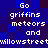 Pixelated blue background with white text repeating 'Go griffins meteors and willowstreet' in a pattern